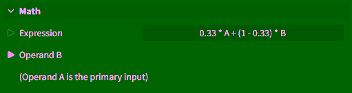Visualization of the Math node properties showing the example expression: 0.33 * A + (1 - 0.33) * B