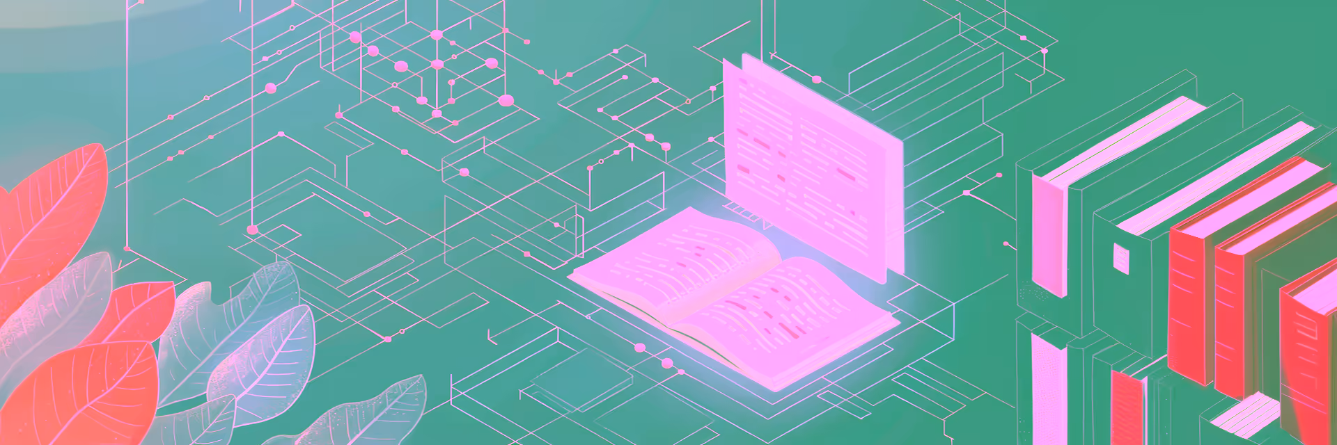 Flavor graphic depicting a library of knowledge in a digital realm