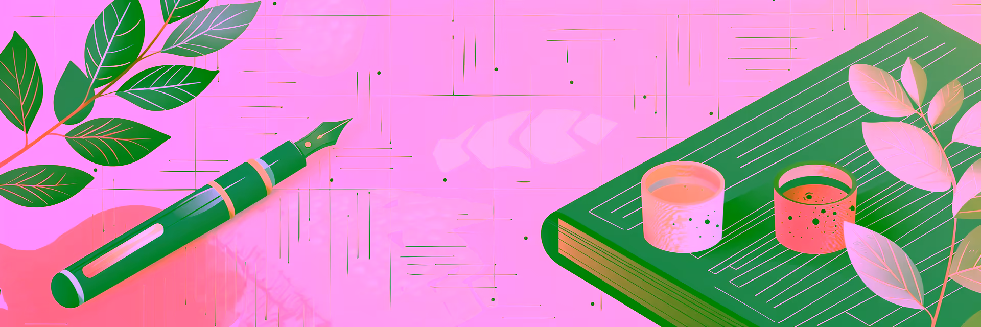 Flavor graphic depicting a fountain pen, ink pots, and a book