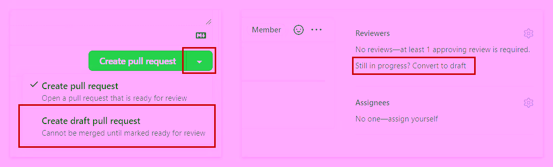 Screenhots showing GitHub's "Create pull request (arrow) > Create draft pull request" and "Still in progress? Convert to draft" buttons