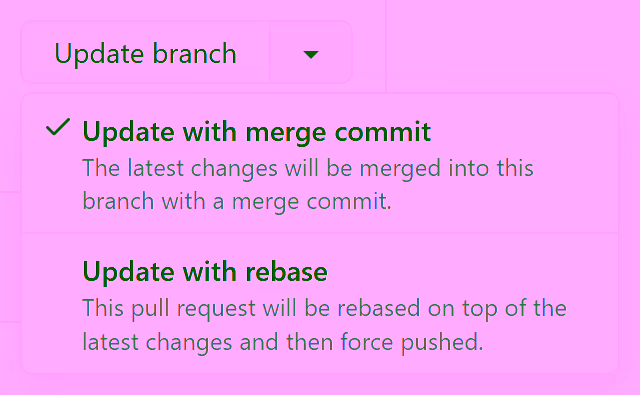 Screenhots showing GitHub's "Update with rebase" button