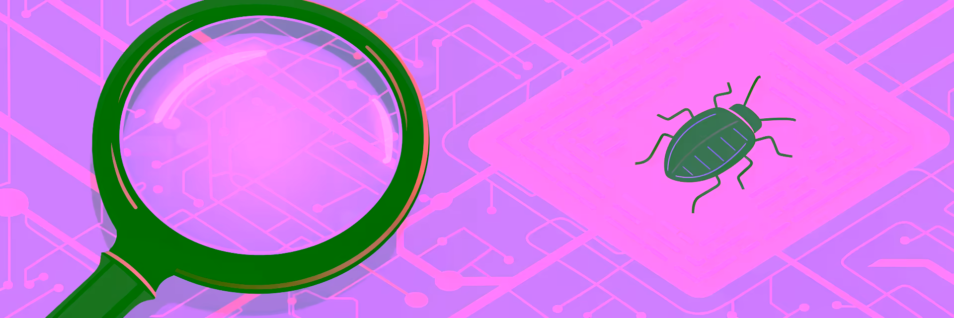 Flavor graphic depicting a magnifying glass on the search for a software bug